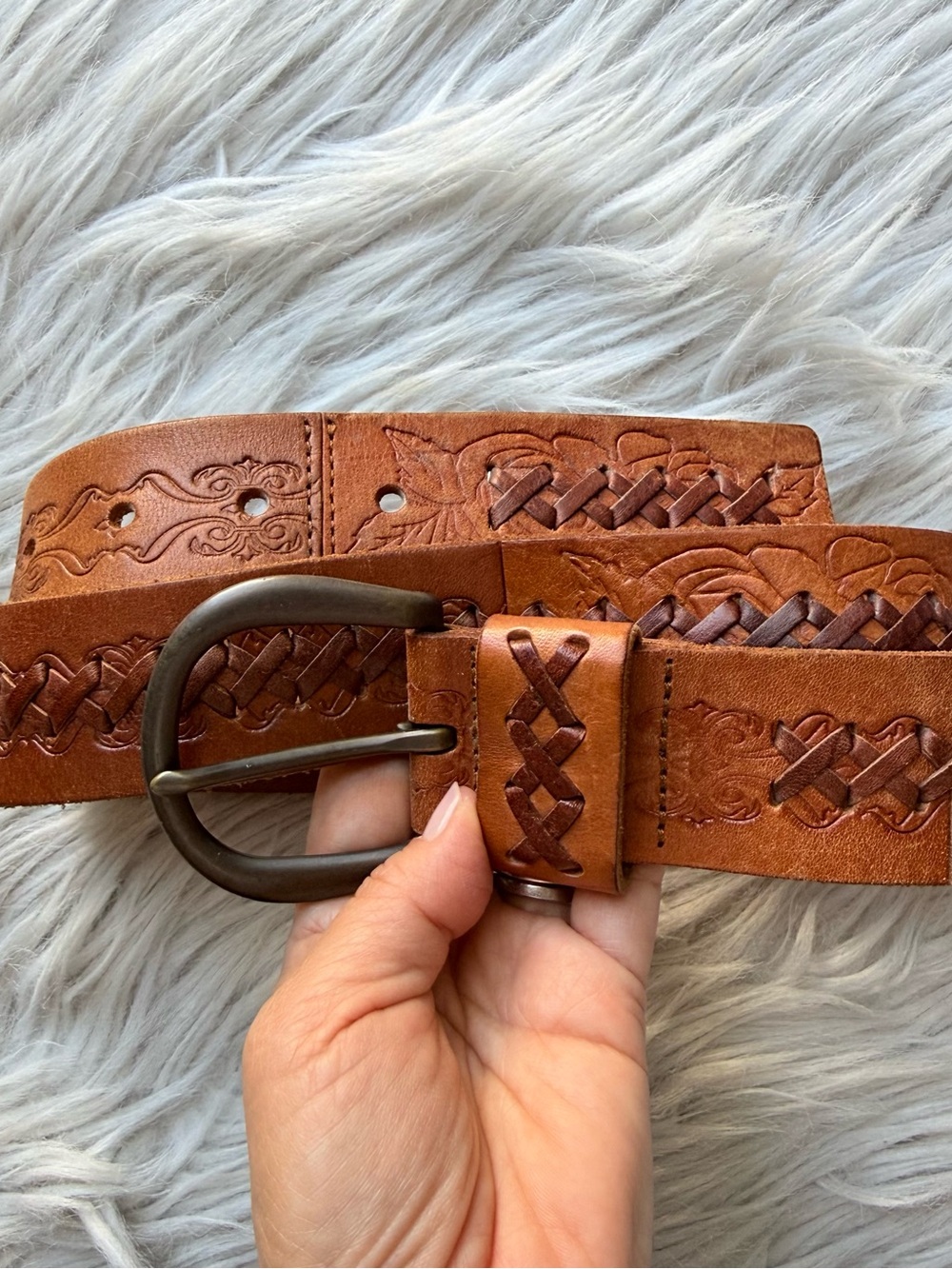 Fossil Genuine Leather Tooled Braided Western Boho Belt Brown Solid Brass Buckle